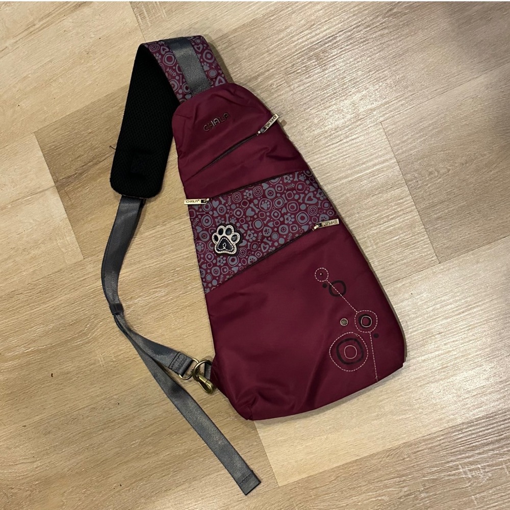 Chala Venture Sling Crossbody Bag Paw Print Burgundy Nylon Embroidery Travel